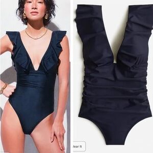 J. Crew / NWT Navy Deep V Ruffle One Piece Swimsuit Bathing Suit